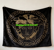 Versace Black Gold Studded Medusa Greek Key Printed Flannel Throw Blanket IMG_1261